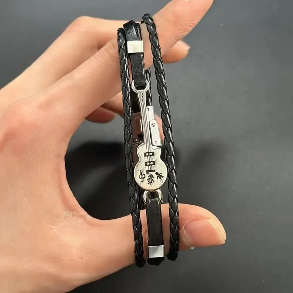 Leather Bracelet Guitar wrist Edgy Rock Bangle Stainless Black Stylish Music NEW